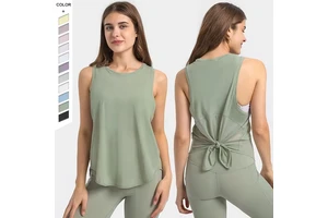 High Quality Nude Feeling Yoga Vest Fitness Training Vest Loose Bow Knot Spandex Material Print Pattern Running Female Tank Tops