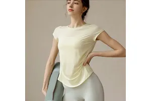 Women's Summer Yoga Top Sexy Blouse Split Design Loose Mesh Short Sleeve Lightweight Sportswear Seamless Quick Dry Breathable