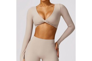 Customized Lightweight Plus Size 4-Way Stretch Quick Dry Yoga Long Sleeve Top Front Knot Design Thumbhole Cuffs Sexy Built Bra