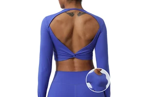 Custom Solid Backless Padded Spring Women Active Sports Gym Wear Long Sleeve Crop Top T Shirt Women Open Back Yoga Top T-shirt
