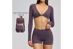 Ladies Casual Long Sleeve V Neck Crop Top Fashion Yoga T Shirt Sports Top for Outdoor Gym Running Training