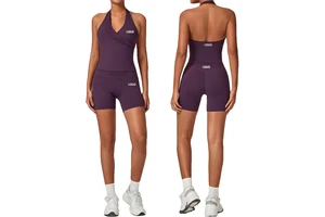Women Quick Dry Slim Fitted Backless Yoga Sleeveless Shirts Deep V Neck Racerback Halter Tank Tops Work Out High Waist Shorts