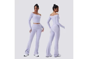 Women Off Shoulder Long Sleeve Sports Bra High Waist Nude Feel Quick Dry Stretch Yoga Set Running Gym Fitness Workout Suit