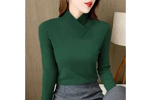 Women's Casual Long Sleeve T-Shirt High Collar Underlay Top with Autumn/Winter Overlay Thick Warm Jersey Fabric