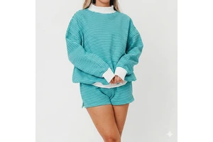 Striped Mock Neck Top and Shorts Women Chic Relaxed Fit Logo Embroidery Women Oversized Stripes Two Tone Mock Neck Short Set