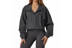 Women's Long Sleeve Sports Jacket Quick-Drying Zipper Windproof for Outdoor Running Fitness Stand Collar Yoga Top Solid Workout