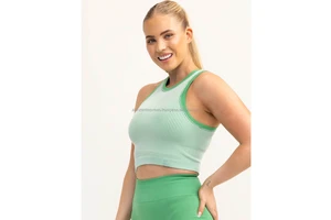 Women's Casual Crop Top Solid Color Seamless Ribbed Tank Top Decorative Ribbons Short Sports Knitted Sleeve Yoga Wear Breathable