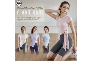 QUMOR Women's Breathable Four-Way Stretch Quick Dry Yoga Top Tie Short Sleeved Asymmetrical Hem Tight-fitting Sports Front