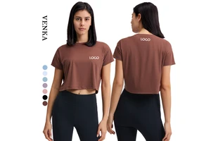 2023 Spring Summer Breathable Quick Dry Four-Way Stretch Women's Yoga Crop Top Loose Fit Solid Short Sleeve T-Shirts