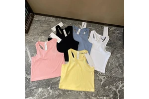 Summer A10 Yoga Casual Bow Collar Sports Tank Top Women Breathable Cotton Spandex Dobby Fabric Regular Beautiful Back Design
