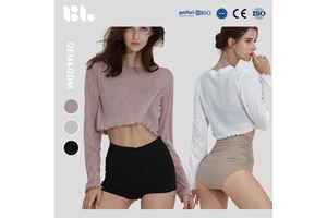Women's Breathable Long Sleeve Fitness Sports Cover Yoga Top Four-Way Stretch Quick Dry Neck Sheer Ruffle Hem Versatile Yoga