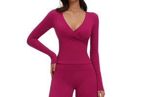 Women's Breathable Lightweight U-shaped Back Long Sleeve Yoga T-Shirt Four-Way Stretch Skinny Fit for Running Fitness Front