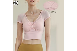 QUMOR Breathable Sweat-Wicking Eco-Friendly Sheer Cover-Up Yoga Vest V-neck Athletic Crop Top Women Tummy Control Lightweight