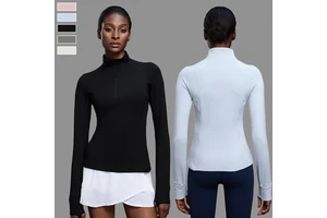 Custom Logo Half Zipper Slim Fit Gym Stand Collar Thumb Holes Long Sleeve Fitness Yoga Shirt with Pocket for Women