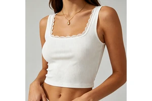 Lace Trim Women Ribbed Crop Tank Top Sleeveless High Elastic Sweat-Wicking Activewear Polyester Spandex Yoga Daily Casual Tops