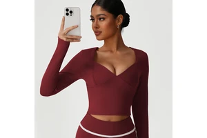 Custom Front Women V Neck Long Sleeve Yoga Top Thumb Holes Breathable High Elasticity Fitness Active Wear Quick Dry Gym Running