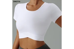 Women's Trendy Slim Fit Short Sleeve Crop Tops Front Cross Yoga Workout Basic Tees Breathable Camisole Plus Sizes New Short