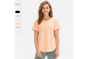 Women's Fashion Half-Sleeve Yoga Top Quick-Drying Workout Sports T-Shirt Lightweight Breathable Elastic Fitness Wear Solid Crew