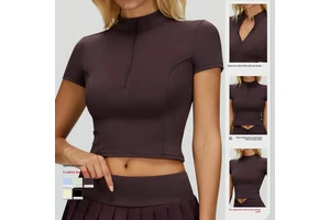 TongJoes Cross-Border Women's Yoga Short-Sleeve Stand-Up Collar Zipper Skinny Fit Four-Way Stretch Sweat-Wicking Front