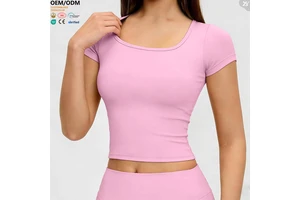 ADX8004 Women Square Neck Short Sleeve Cropped Workout Top Seamless Form Fitting Athletic Shirts Breathable Yoga Tops for Gym