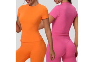 Women Solid Color Slim Yoga Short Sleeve Shirt Lady Casual Round Neck Running Top Female Loose Lower Back Sports T Shirts