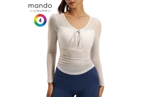 New Mesh Yoga Clothes Nine Quarter Sleeve Women's Slim-fit Slimming Fixed Cup Sweatshirt Quick Dry Sports Fitness Top