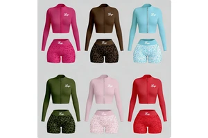 Custom Women 2 Piece Workout Sets, Long Sleeve Zip Up Crop Top High Waist Leopard Print Biker Shorts Activewear Women's Sets