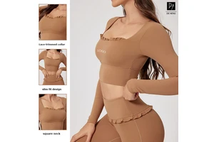 Female Quick Drying Square Neck Frilled Lace Collar Long Sleeve Slim Fit Breathable Workout Outdoor Yoga Crop