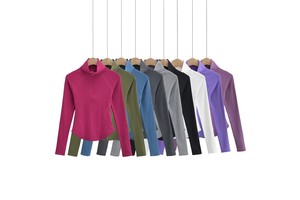 American Non-Fleece Spandex/Nylon Semi-High Collar Skinny Fit Long-Sleeved Solid Color Yoga Shirt Quick-Dry Breathable Women's