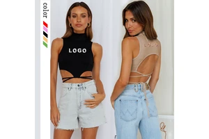 Custom Logo Summer Ladies Black Sleeveless Backless Ribbed High Neck Crop Top Sexy Bandage Women Tank Top