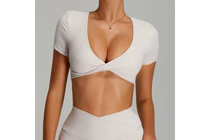 Front Twist Design Cropped Short Sleeve Yoga Top Back Hollow-Out Sports Bra Breathable Quick-Dry Fitness Active Wear for Gym