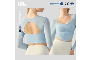 Autumn Winter Cross-Pleated Yoga Long-Sleeve Women's Top Chest Pads Hollow Mesh Short Quick-Dry Sports T-Shirt Fitness
