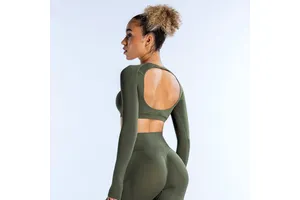 Women's Long Sleeve Compression Yoga T-Shirt Soft Stretchy Solid Pattern Breathable Lightweight Open Back Seamless Crop