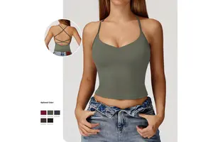 Nude-feel Women's Yoga Tank Top with Cross-back Design Sweat-Wicking Polyamide Thumbholes Outdoor Running Sports Top
