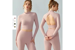 MAYYOUNG Stand Collar Long Sleeve Yoga Wear Women Hollow-Out Back Running Fitness Top with Water Drop Half Fixed Cup