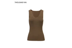 Women's Brown V-Neck Ribbed Knit Tank Top 70% Viscose 30% Nylon Slim Fit Sleeveless Vest