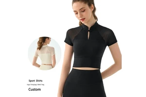 New Chinese Cheongsam Stand-up Collar Top Mesh Patchwork Yoga T Shirts Short Sleeve Sport Crop Tops Women Fitness Tee Shirt