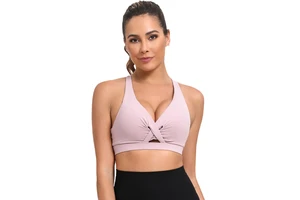 Seamless Sports Bra for Women - Supportive V-Neck Workout Bra with Flattering Cross Back for Gym, Yoga & Running