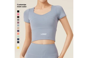 Women's New Spliced Yoga Fitness Slimming Shirt Short-Sleeved Pure Color Quick Dry Breathable Lightweight Seamless for Adults