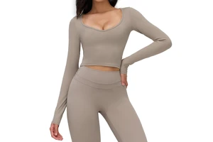 TongJoes Cross-border Sanding Yoga Nine Quarter Sleeve Neckline Tight-fit Sweat-Wicking for Front Casual Clothing Outdoor