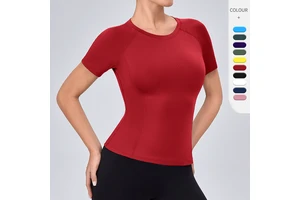 European American Women's Tight Yoga Short-Sleeve for High-Elastic Quick-Drying Crew Neck Fitness Workout T-Shirt Slimming Top