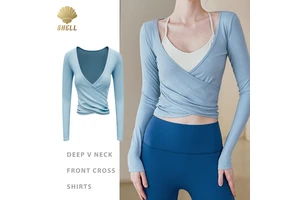 Casual Fitness Gym Sports Outfit Front Cross Cover Up Deep V Neck Workout Breathable Long Sleeve Yoga Top
