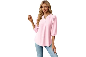 EVELYN Women's Casual Elegant Jacquard Blouses European American V-Neck Three-Quarter Sleeves with Front Logo Skinny Fit