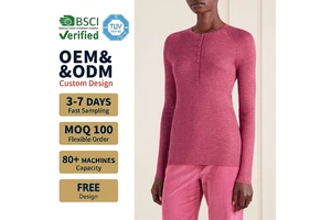 Women Striped Winter Casual Henley Knit Wool/Acrylic Top OEM Factory Custom Ribbed Long Sleeve Raglan Extended Shirt Wholesale