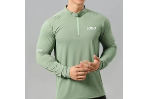 High Elastic Breathable Quick Dry Reflective Print Nylon Long Sleeves 1/4 Zipper Running Gym T-Shirt Custom Men'S Active Tops