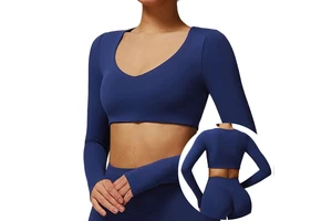 Women Tight Quick Dry Yoga Long Sleeve V-Neck Short Top Running Sports Fitness T-Shirt