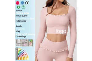 Custom Logo Womens Tops Long Sleeve Square Neck Ruffle Hem Crop Gym Clothes Activewear Slim Fit Breathable Yoga Fitness Workout
