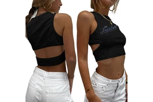 Wholesale Custom Summer Fashion Women Sexy Bodycon Black Printing Knit Ribbed Crop Tank Tops