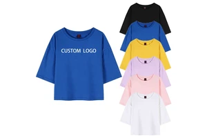 Women's Custom Croptop Cotton Gym Tee Plus Size Sexy Crop Tops in Blue Loose Fit Workout Dress Casual Style Cropped T Shirt