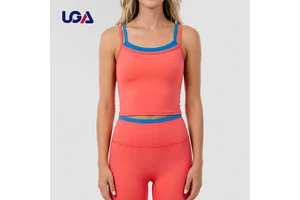Breathable Quick Dry Slim Fit High Waist Contrast Color Double Layer Front Scoop Neck Tank Crop Top 2 Piece Yoga Set